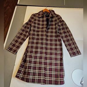 Burgundy Plaid Trench Style Coat Vintage 5/6